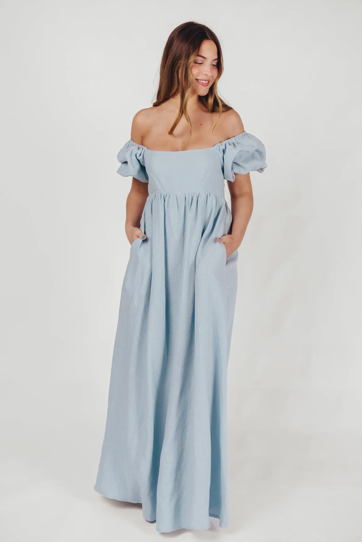 Candace Maxi Dress in Light Blue - 100% Linen - Bump Friendly (Low Stock)