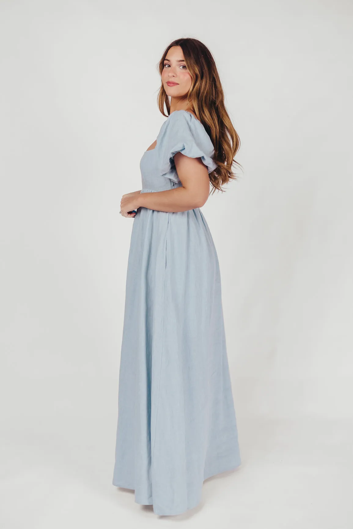 Candace Maxi Dress in Light Blue - 100% Linen - Bump Friendly (Low Stock)
