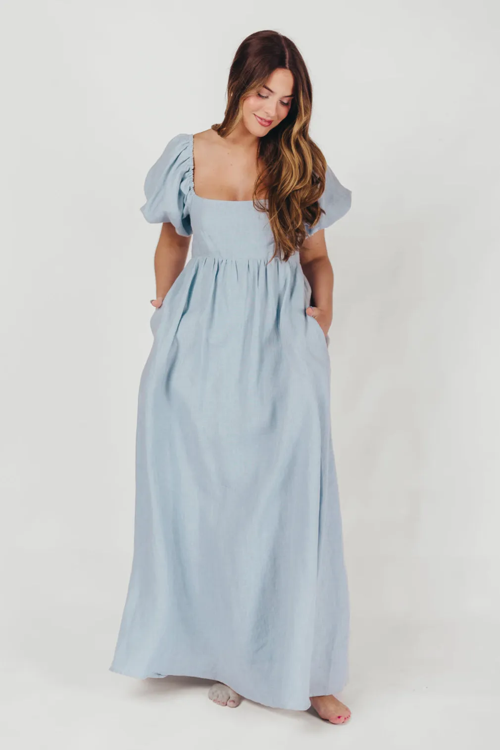 Candace Maxi Dress in Light Blue - 100% Linen - Bump Friendly (Low Stock)