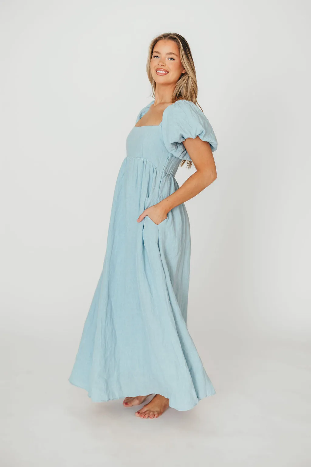 Candace Maxi Dress in Light Blue - 100% Linen - Bump Friendly (Low Stock)