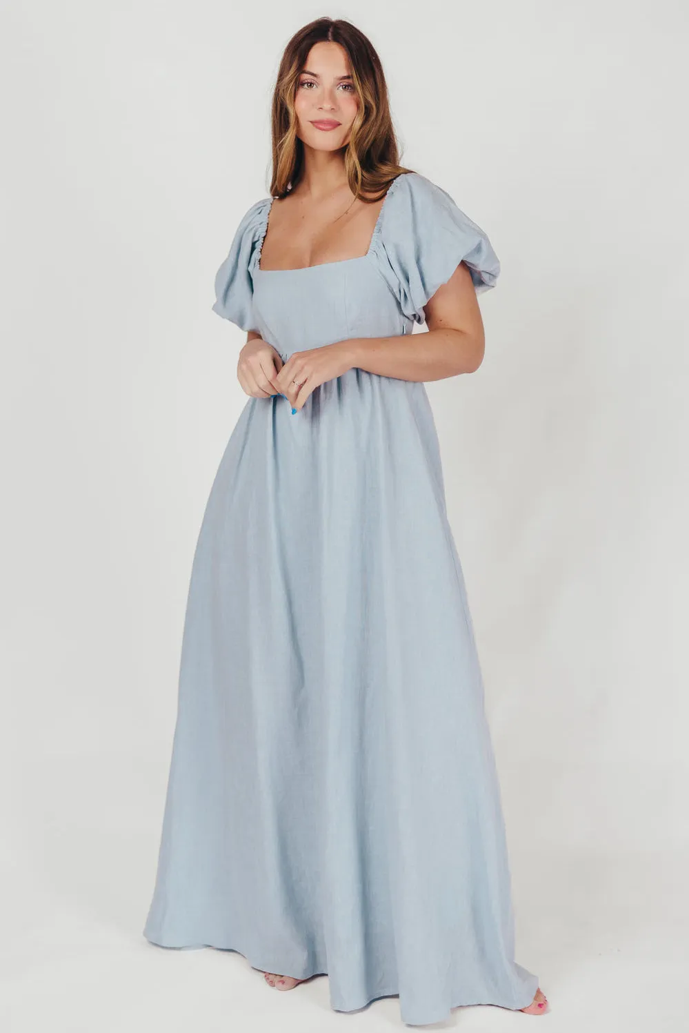 Candace Maxi Dress in Light Blue - 100% Linen - Bump Friendly (Low Stock)