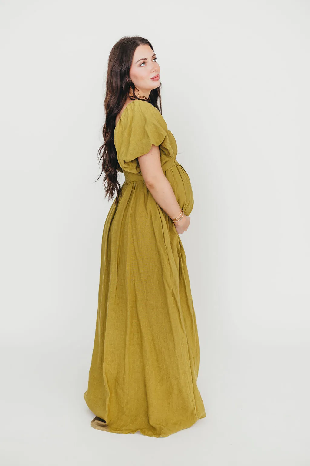 Candace Maxi Dress in Olive - 100% Linen - Bump Friendly