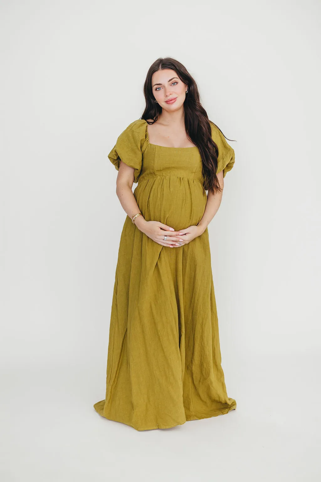 Candace Maxi Dress in Olive - 100% Linen - Bump Friendly