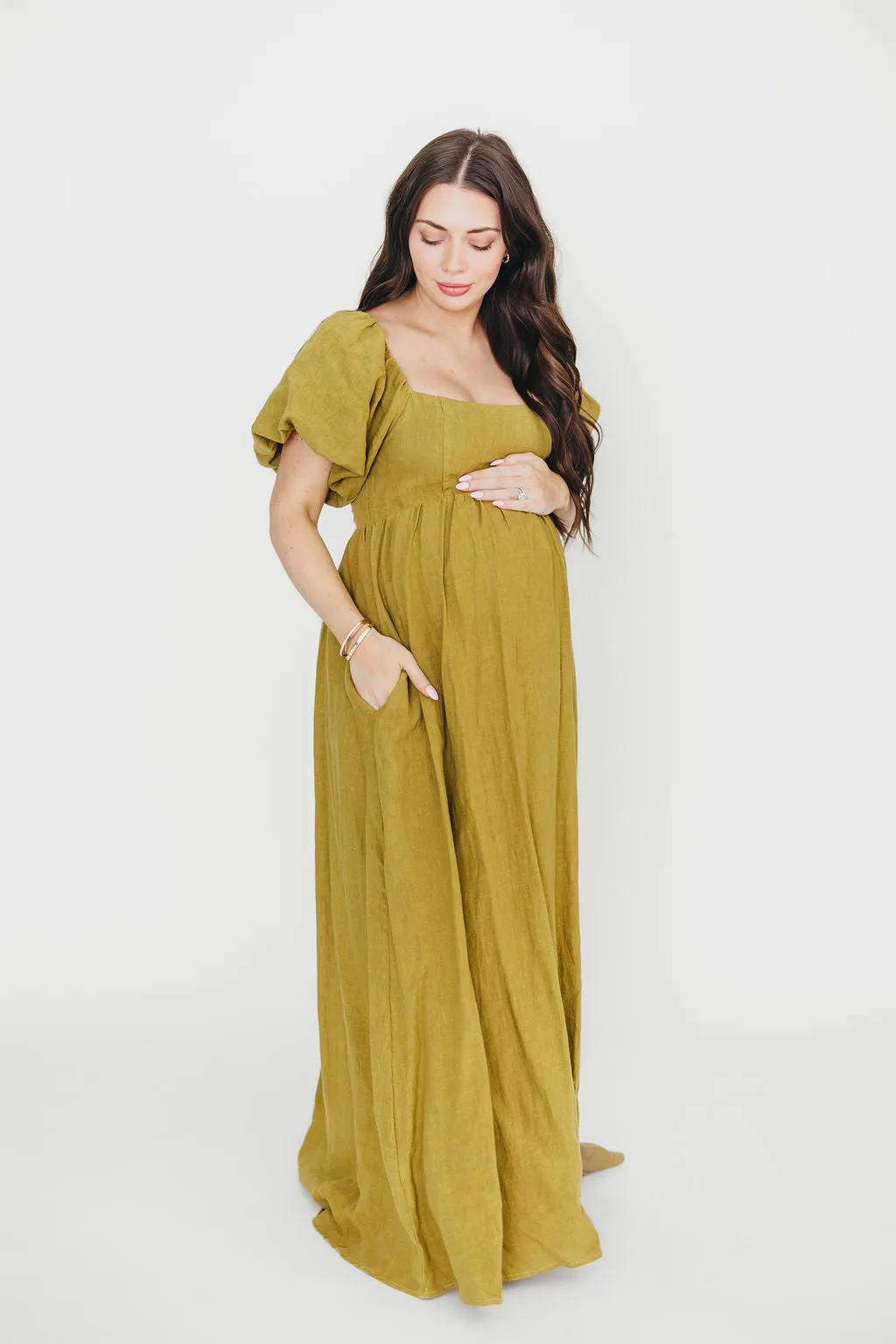 Candace Maxi Dress in Olive - 100% Linen - Bump Friendly