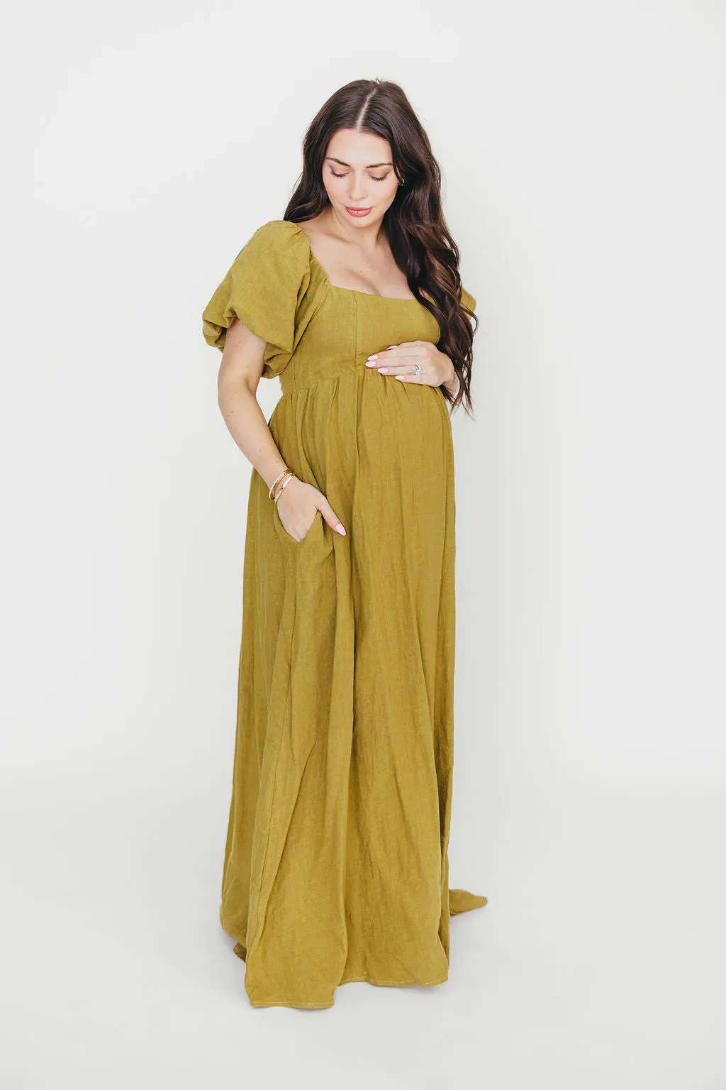 Candace Maxi Dress in Olive - 100% Linen - Bump Friendly