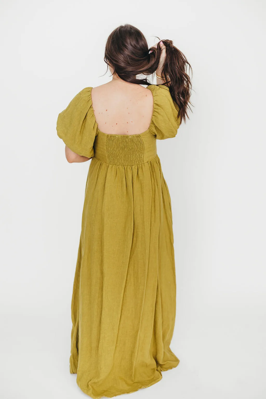 Candace Maxi Dress in Olive - 100% Linen - Bump Friendly