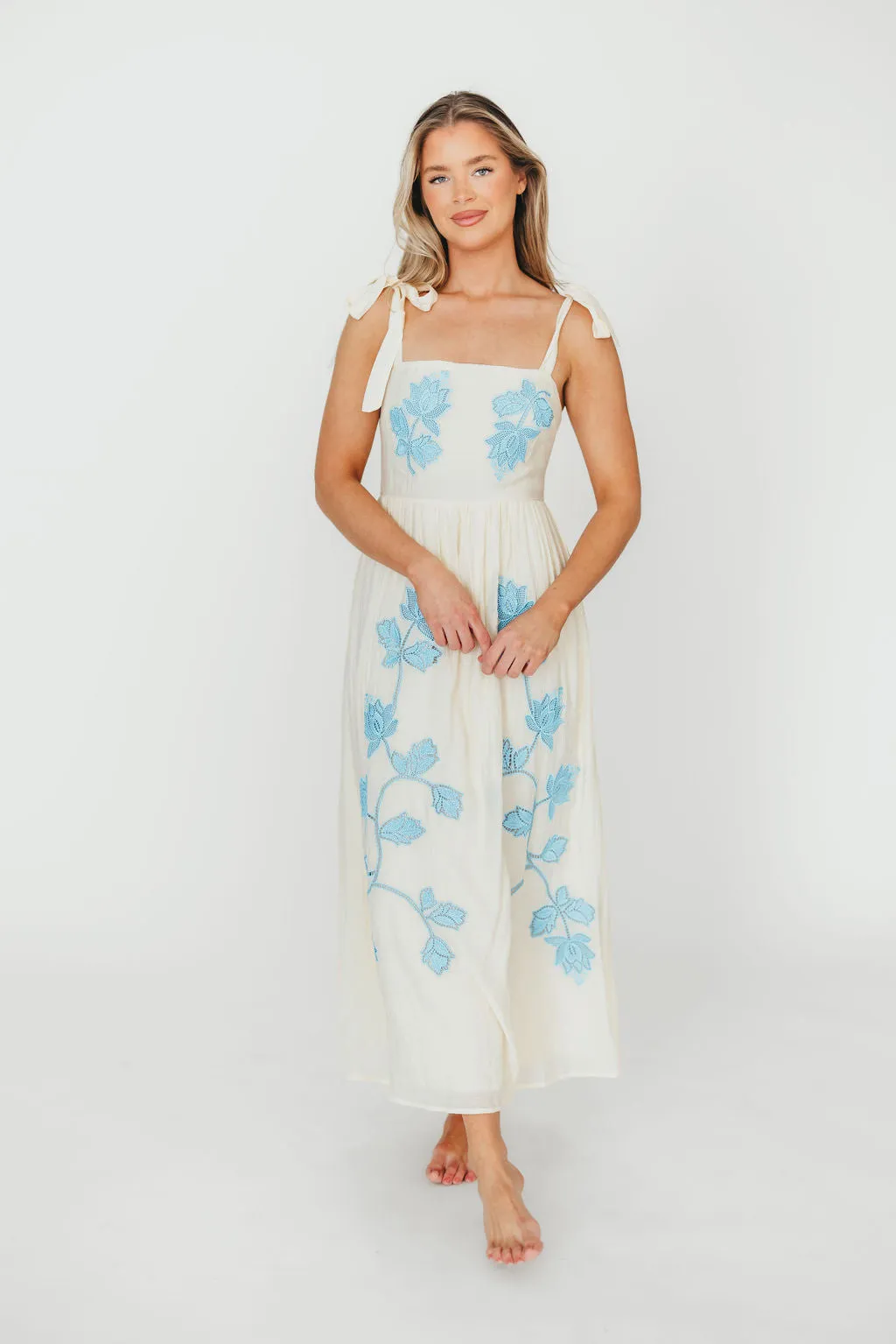 Clementine Embroidered Midi Dress in Cream/Light Blue