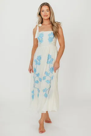 Clementine Embroidered Midi Dress in Cream/Light Blue