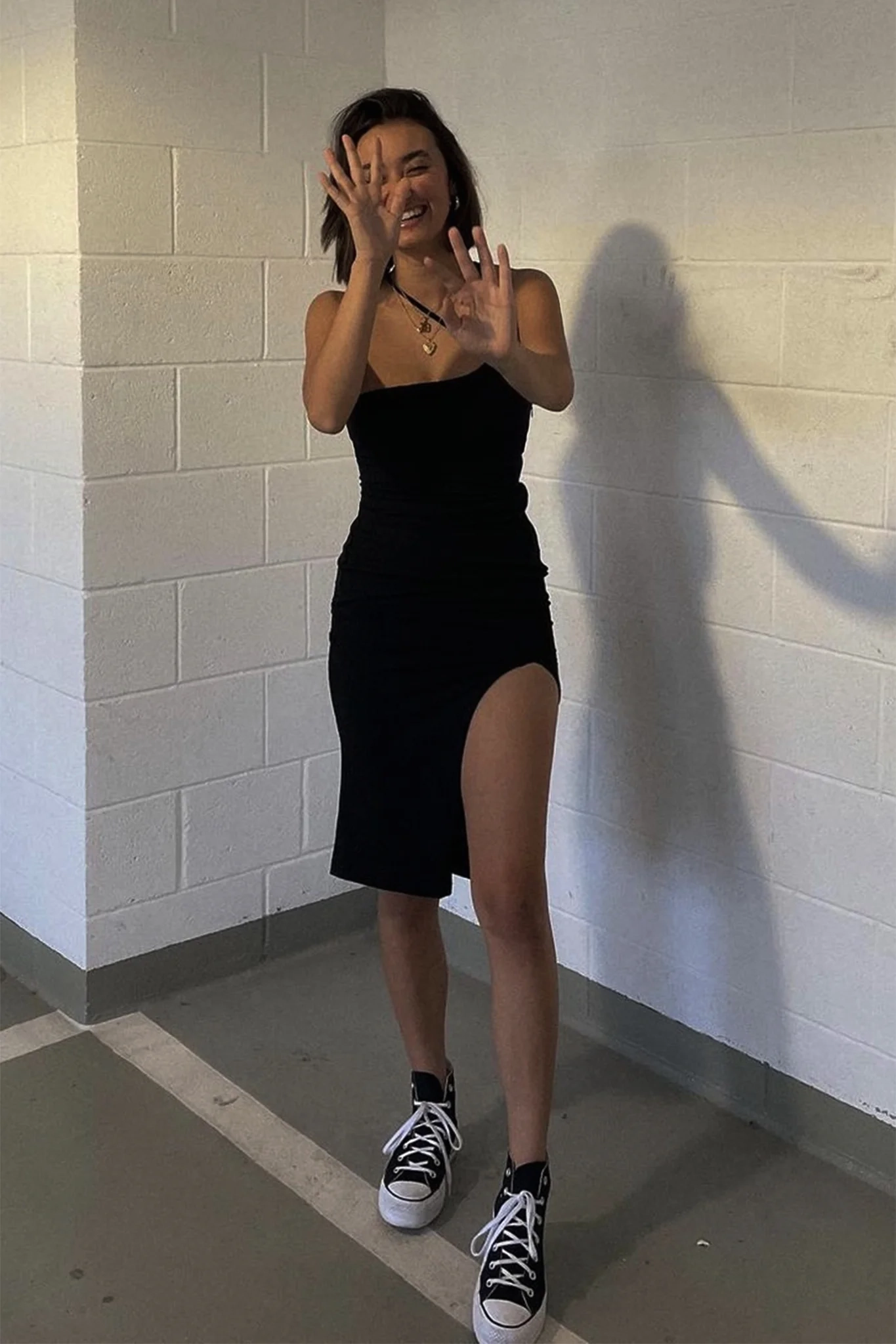 Cleopatra Asymmetrical Neckline Front Split Ribbed Dress Black