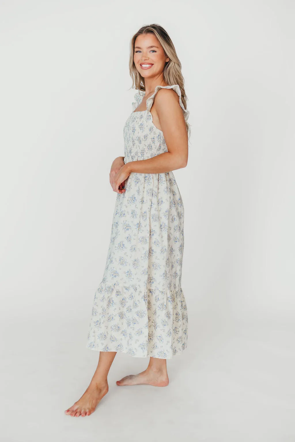 Collins 100% Cotton Smocked Ruffle Tank Midi Dress in Cream/Blue Floral
