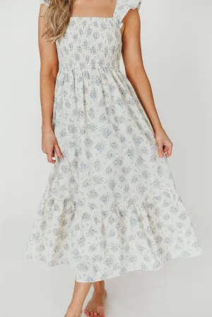 Collins 100% Cotton Smocked Ruffle Tank Midi Dress in Cream/Blue Floral