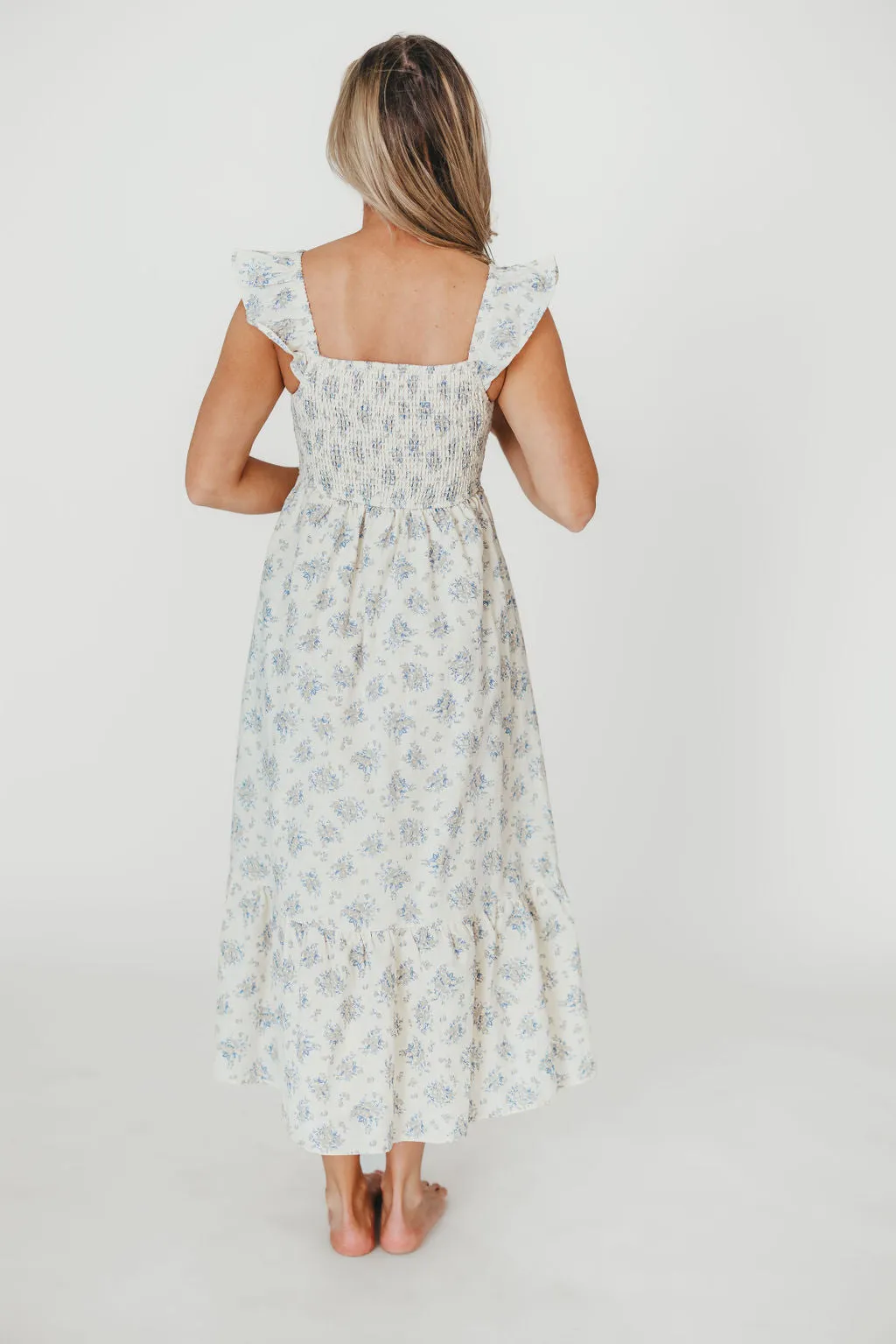 Collins 100% Cotton Smocked Ruffle Tank Midi Dress in Cream/Blue Floral
