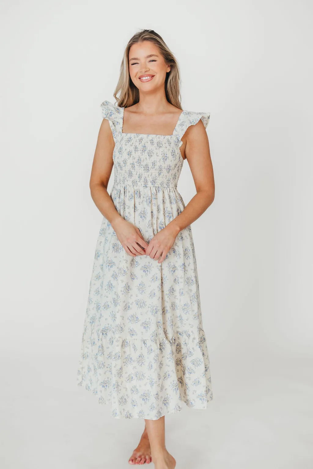 Collins 100% Cotton Smocked Ruffle Tank Midi Dress in Cream/Blue Floral