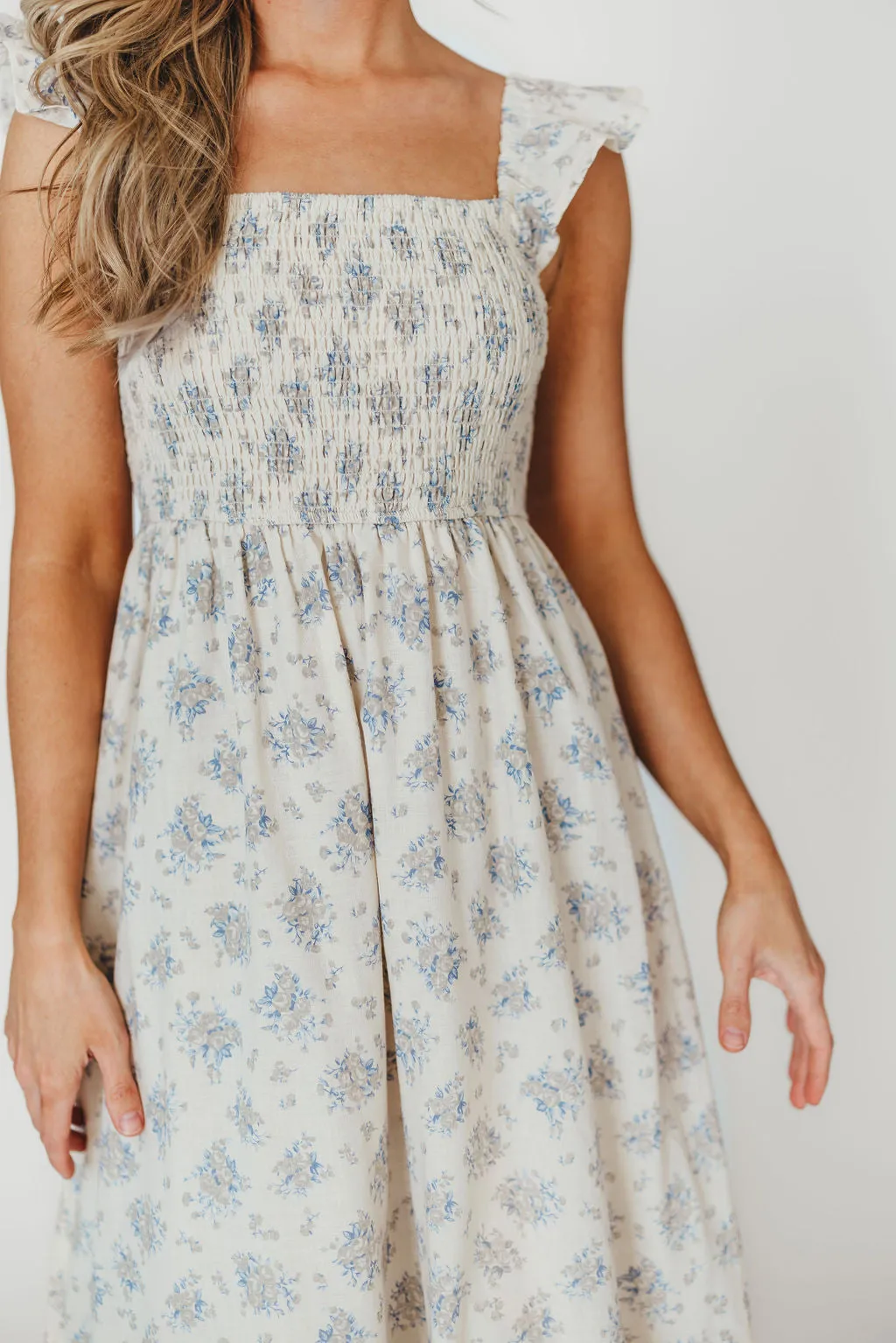 Collins 100% Cotton Smocked Ruffle Tank Midi Dress in Cream/Blue Floral
