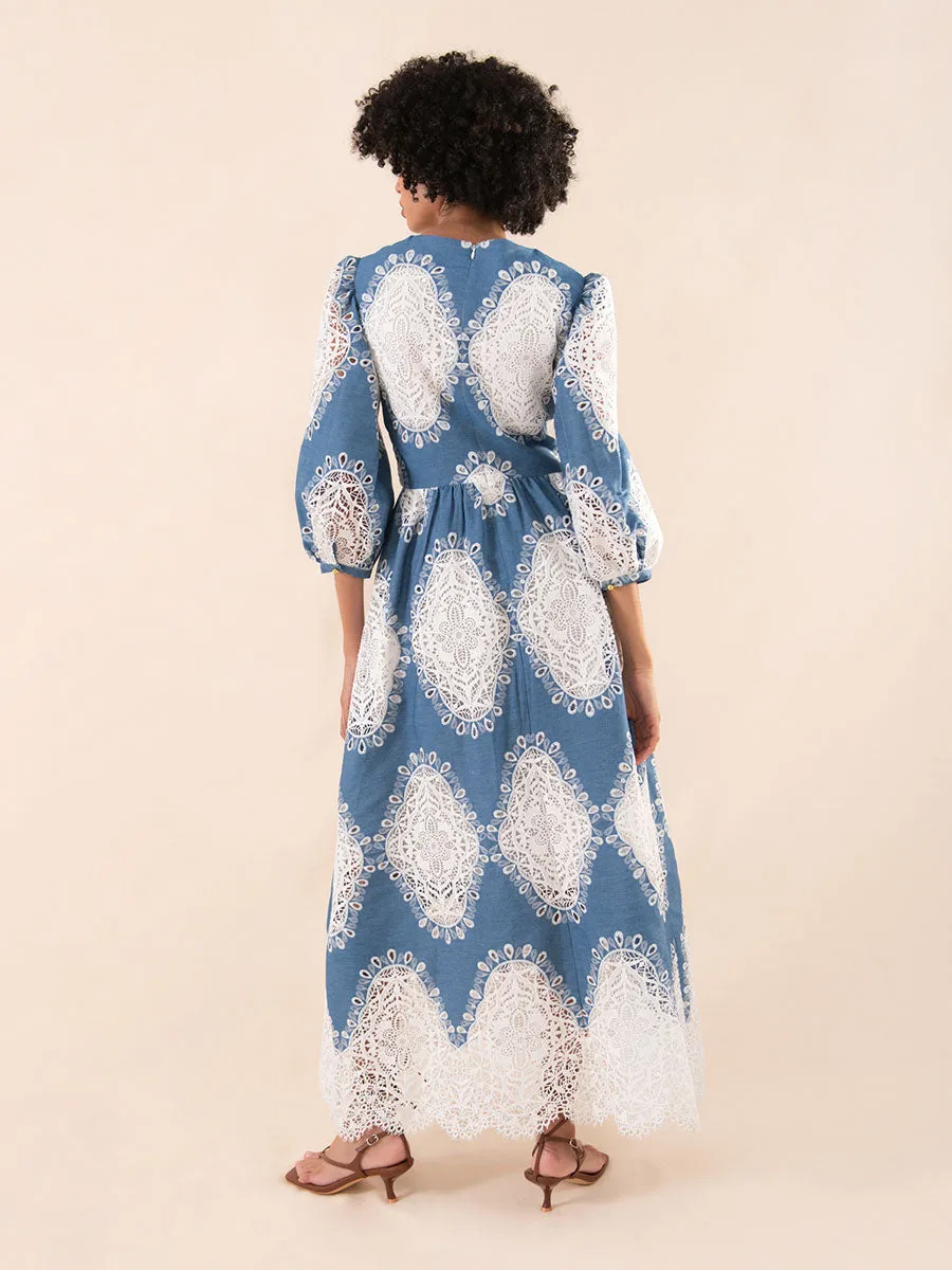 Constance Broderie Anglaise Midi Dress - Lace/Denim - SALE