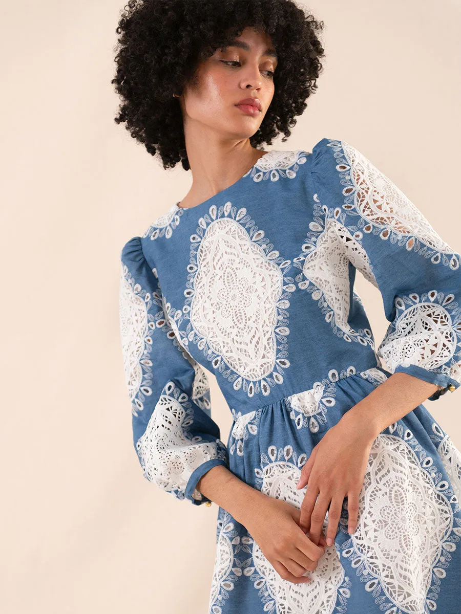 Constance Broderie Anglaise Midi Dress - Lace/Denim - SALE