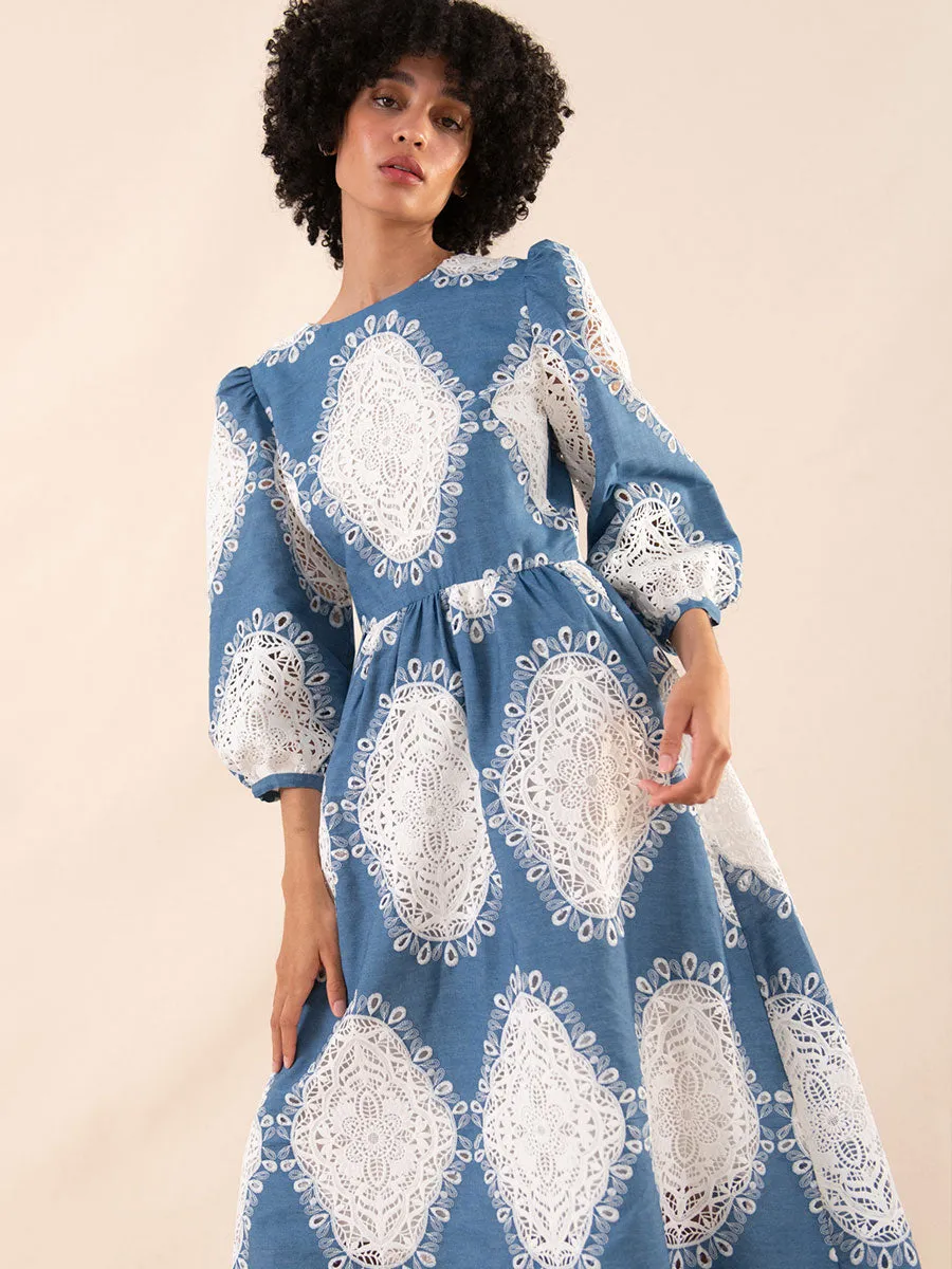 Constance Broderie Anglaise Midi Dress - Lace/Denim - SALE