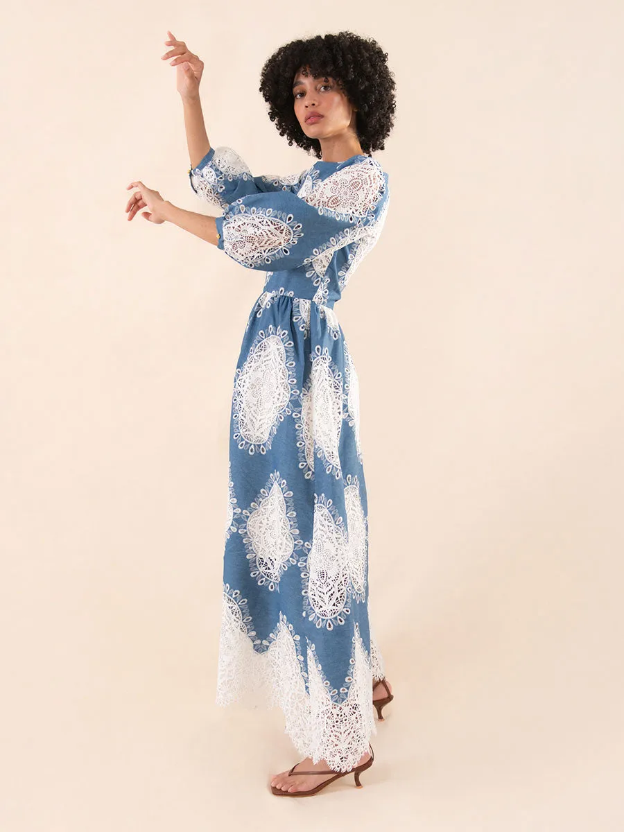 Constance Broderie Anglaise Midi Dress - Lace/Denim - SALE