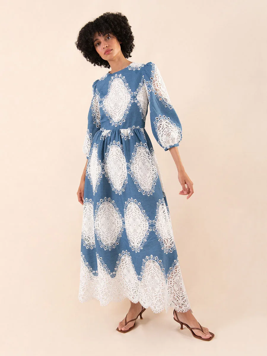 Constance Broderie Anglaise Midi Dress - Lace/Denim - SALE