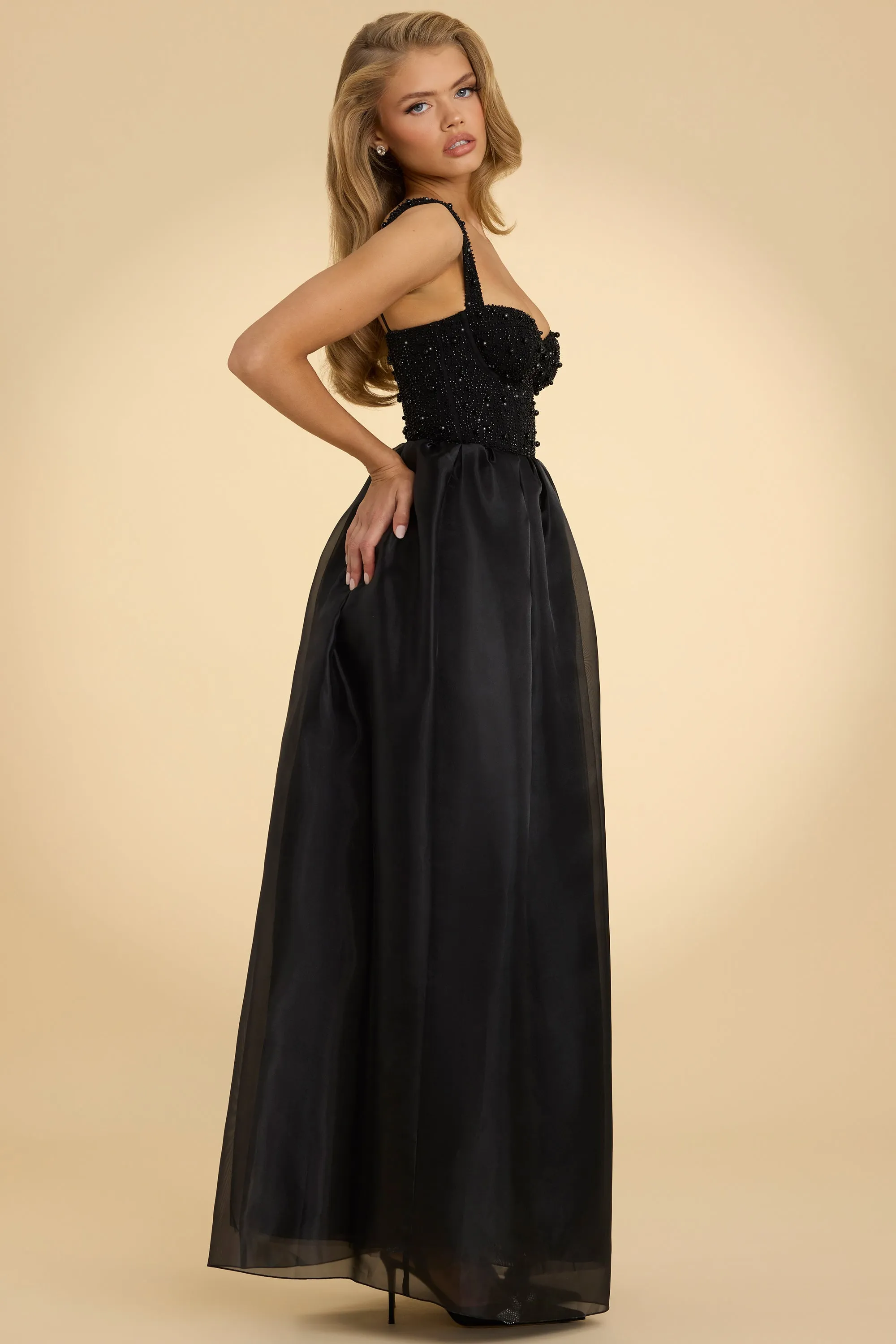 Corset Organza Maxi Dress in Black