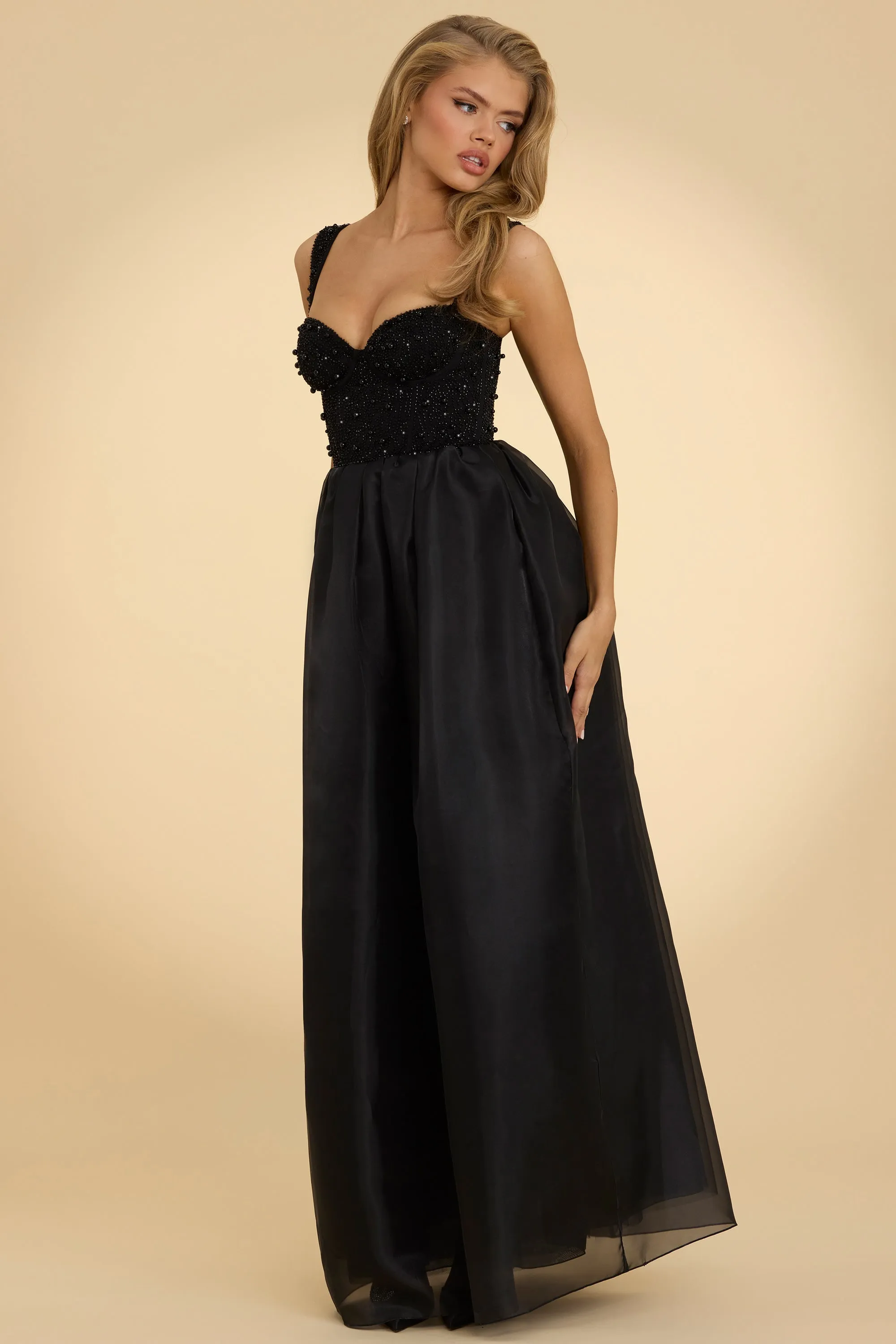 Corset Organza Maxi Dress in Black