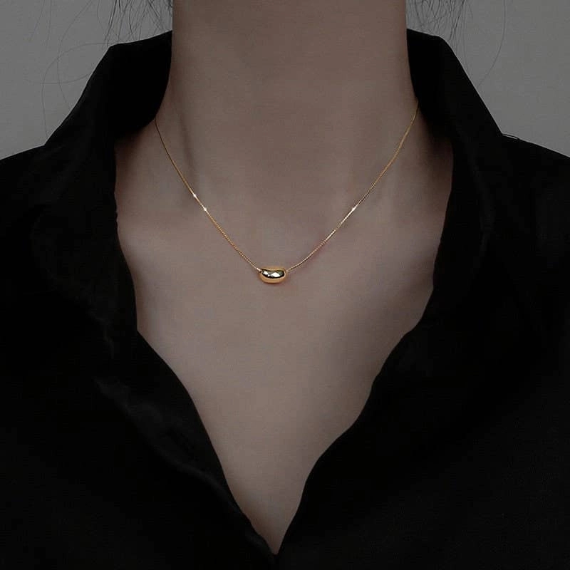 Cute Gold Acacia Bean Necklace in 925 Sterling Silver. Steel