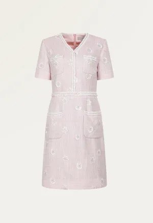 Daisy-embroidered tweed dress