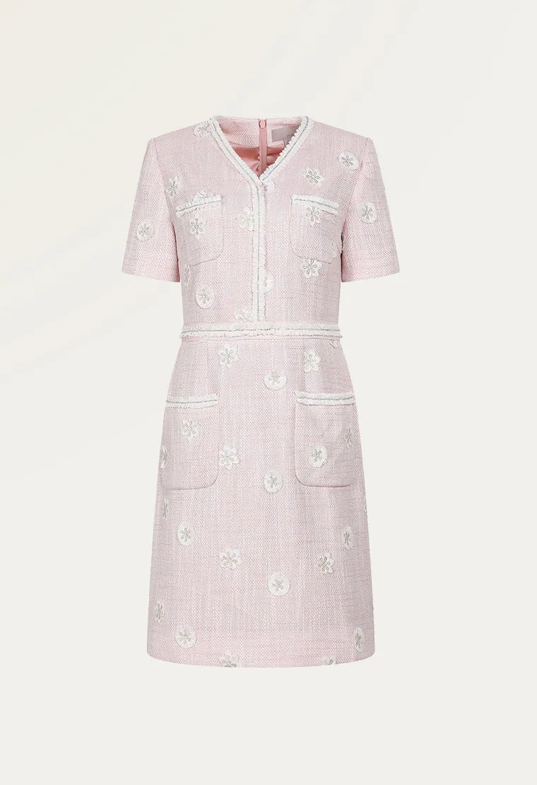 Daisy-embroidered tweed dress