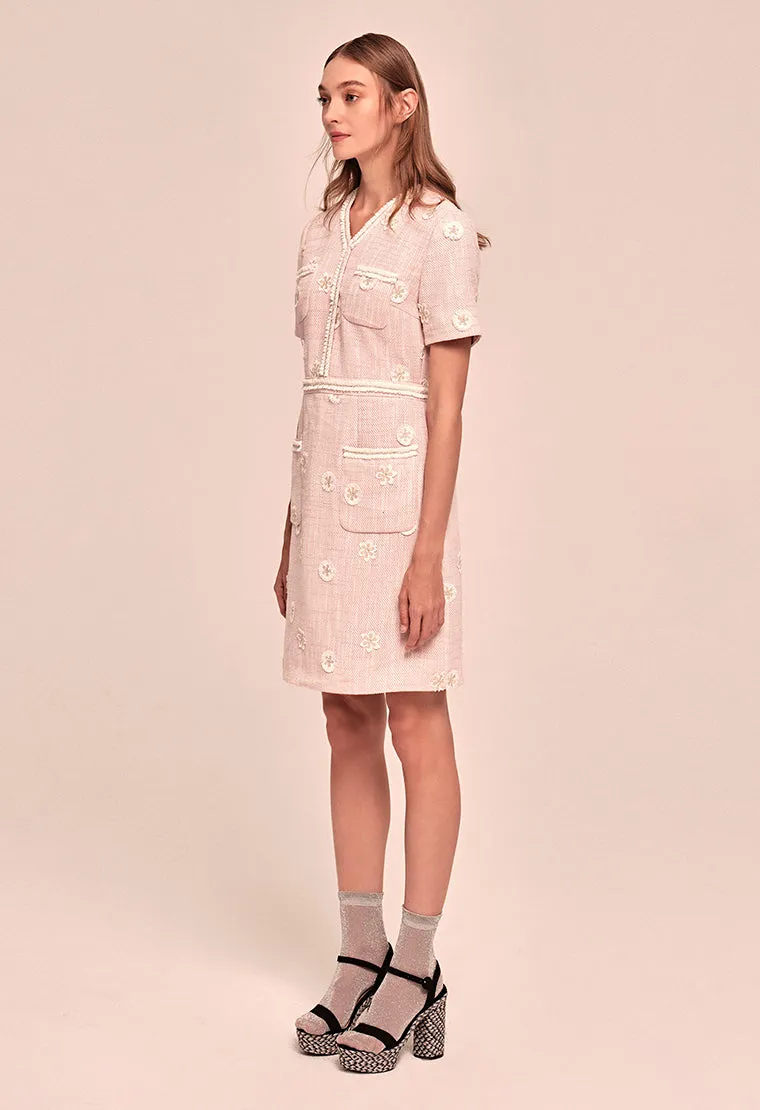 Daisy-embroidered tweed dress