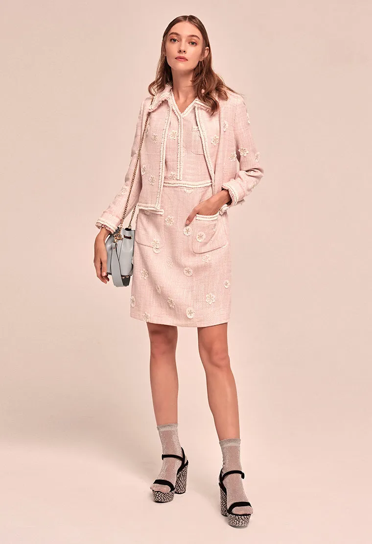 Daisy-embroidered tweed dress