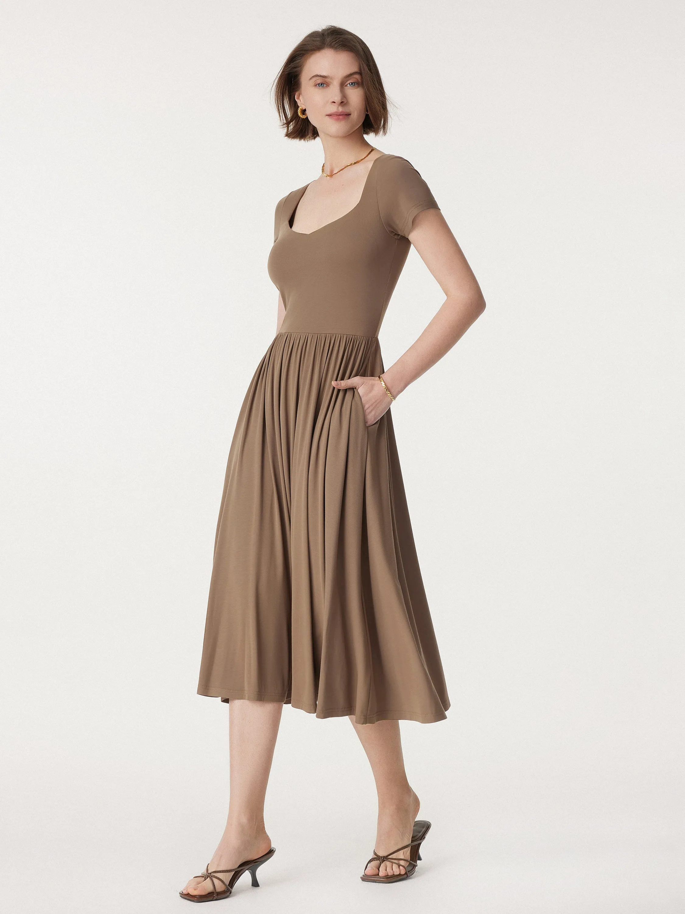 Diamond Neck Short Sleeve New Airy Brami Midi Dress