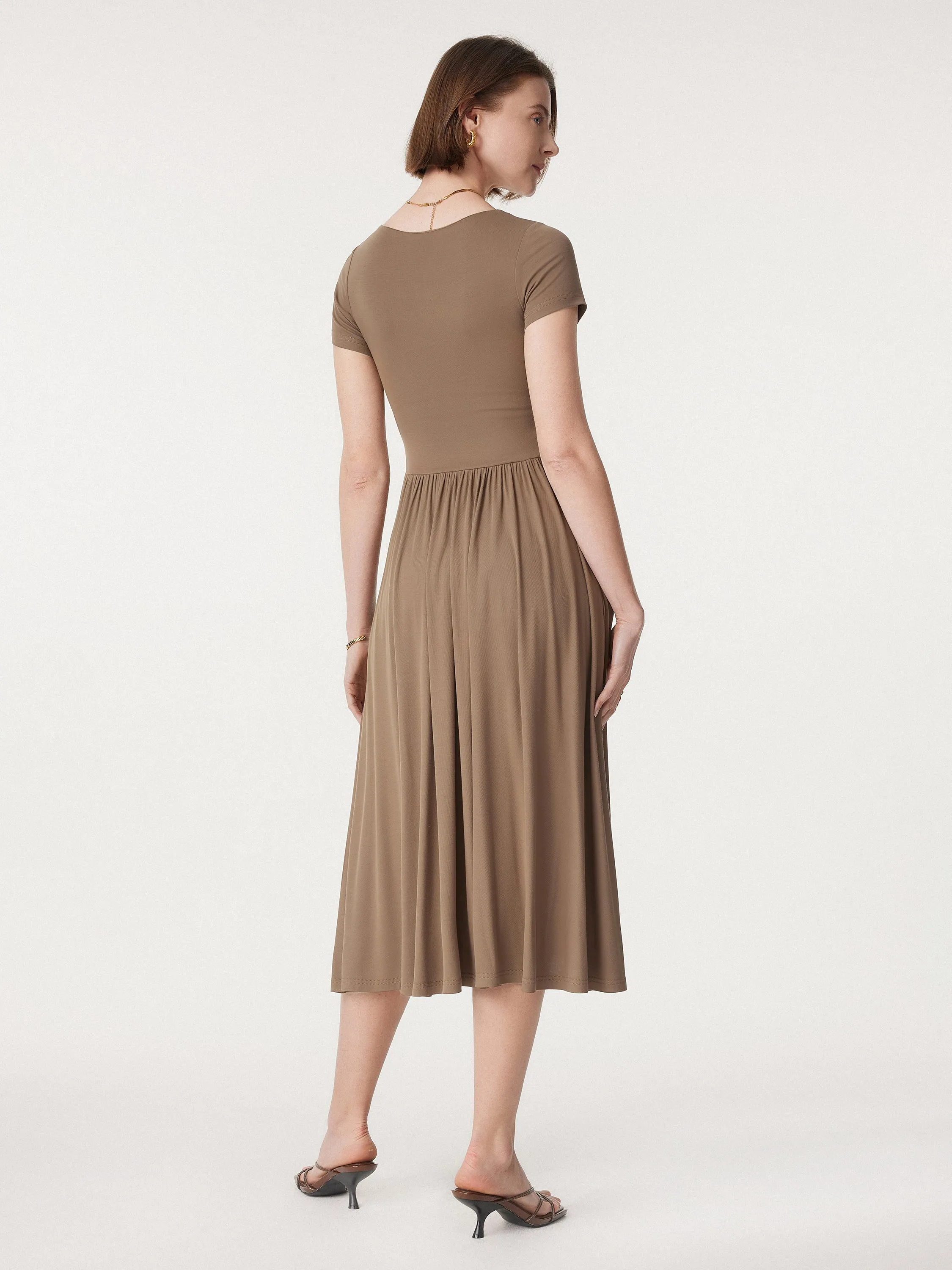 Diamond Neck Short Sleeve New Airy Brami Midi Dress