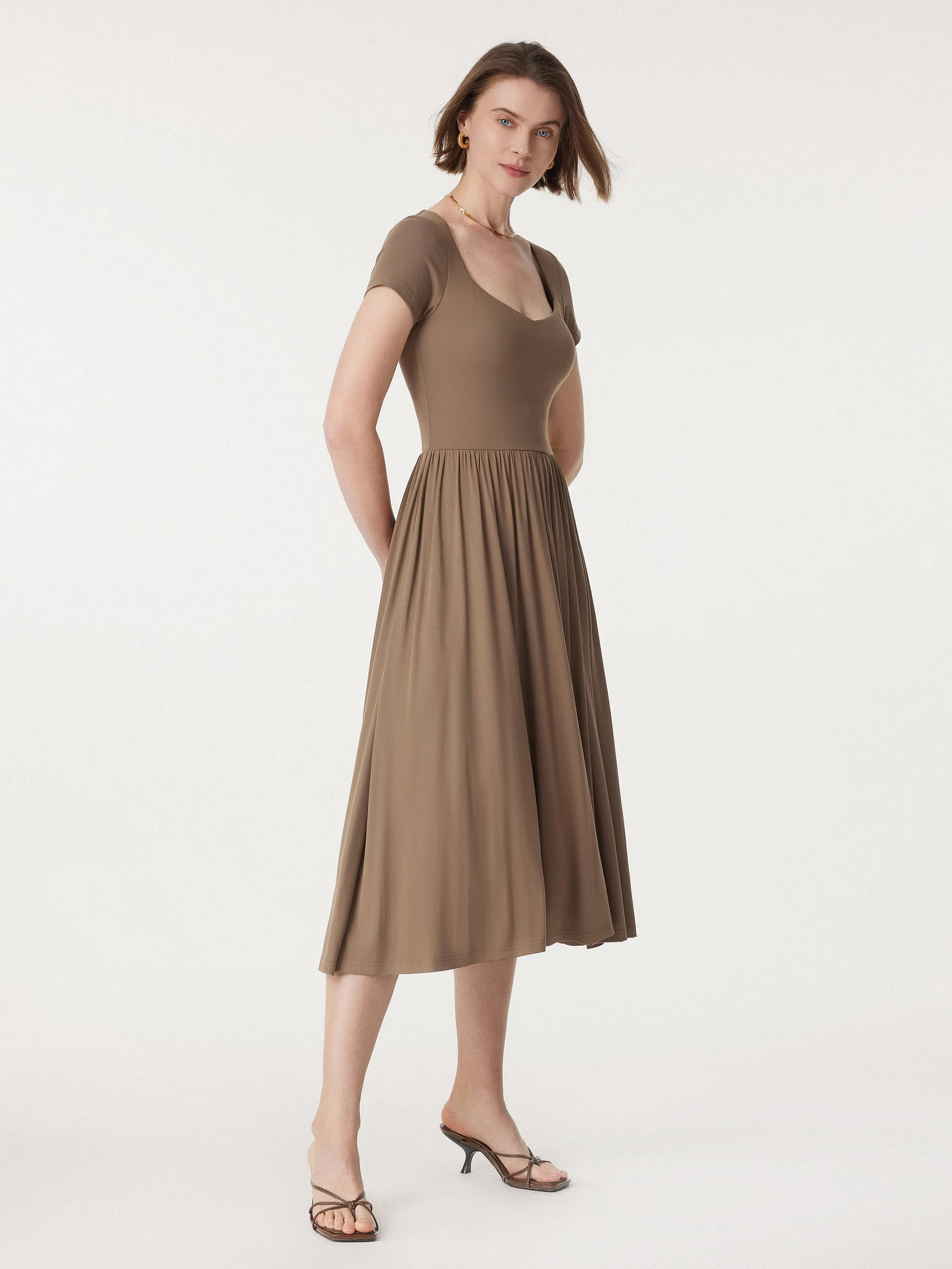 Diamond Neck Short Sleeve New Airy Brami Midi Dress