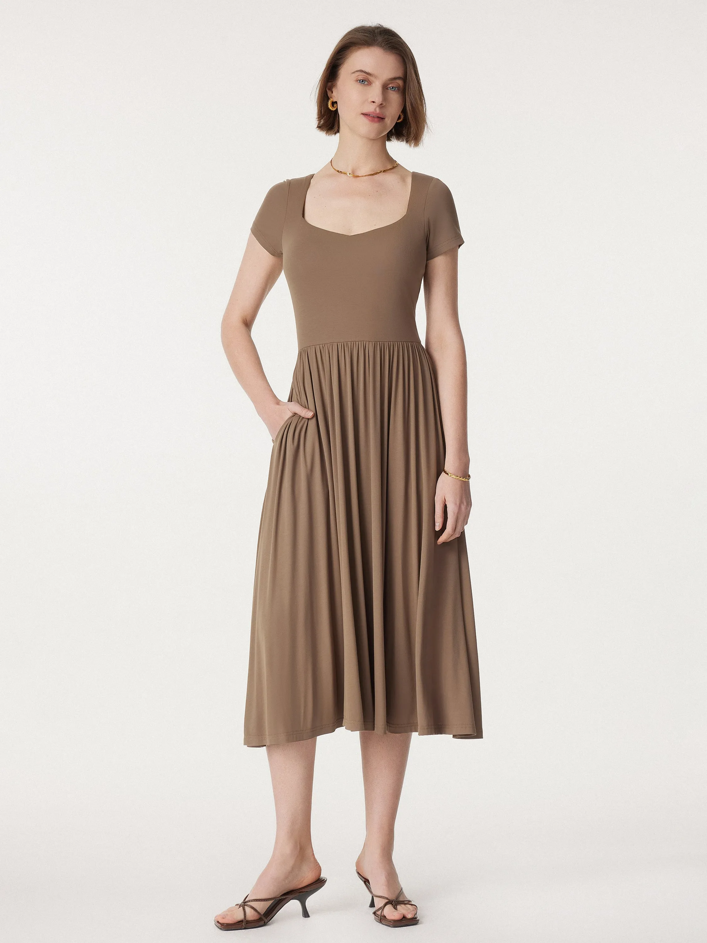 Diamond Neck Short Sleeve New Airy Brami Midi Dress