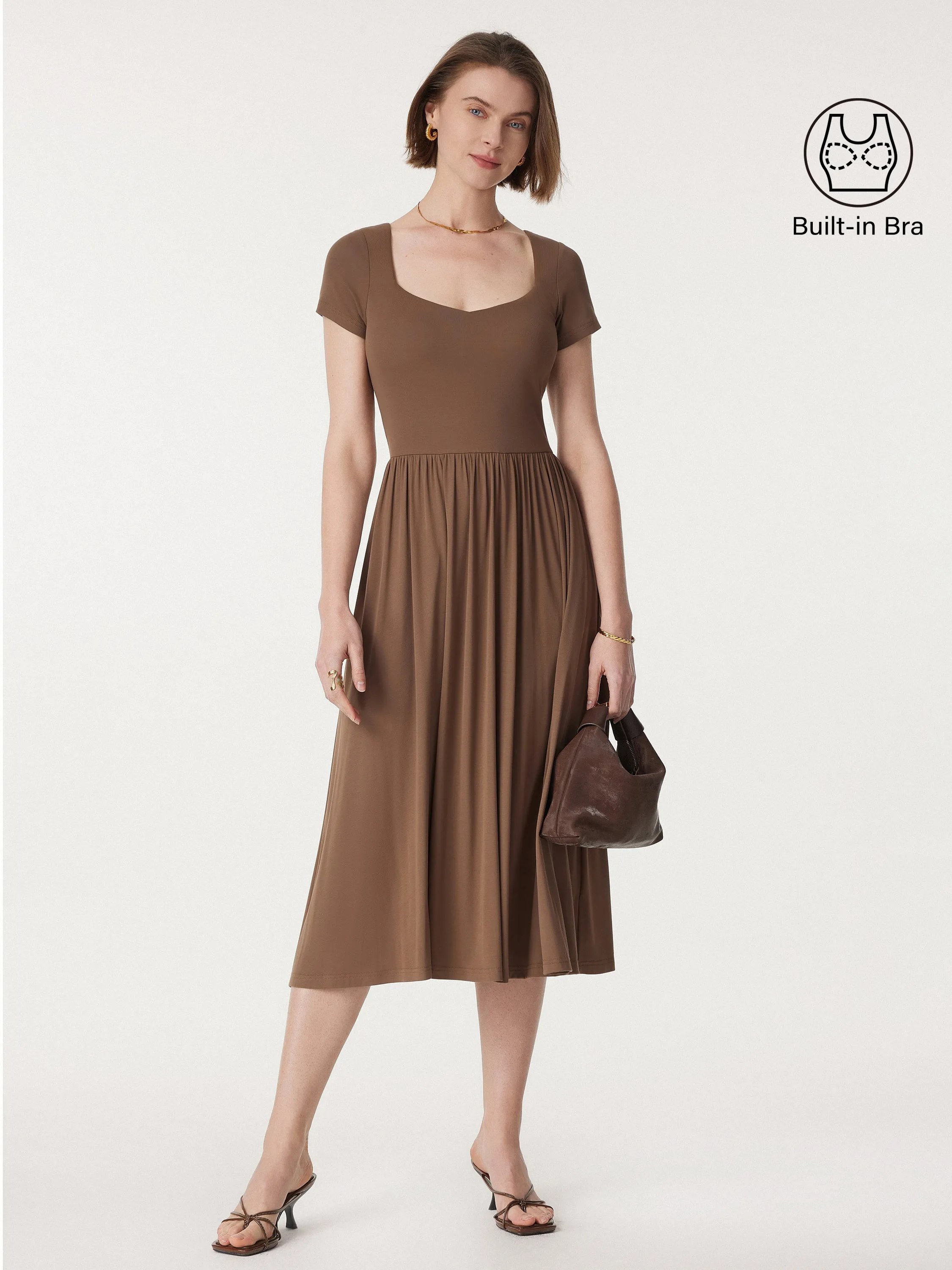 Diamond Neck Short Sleeve New Airy Brami Midi Dress