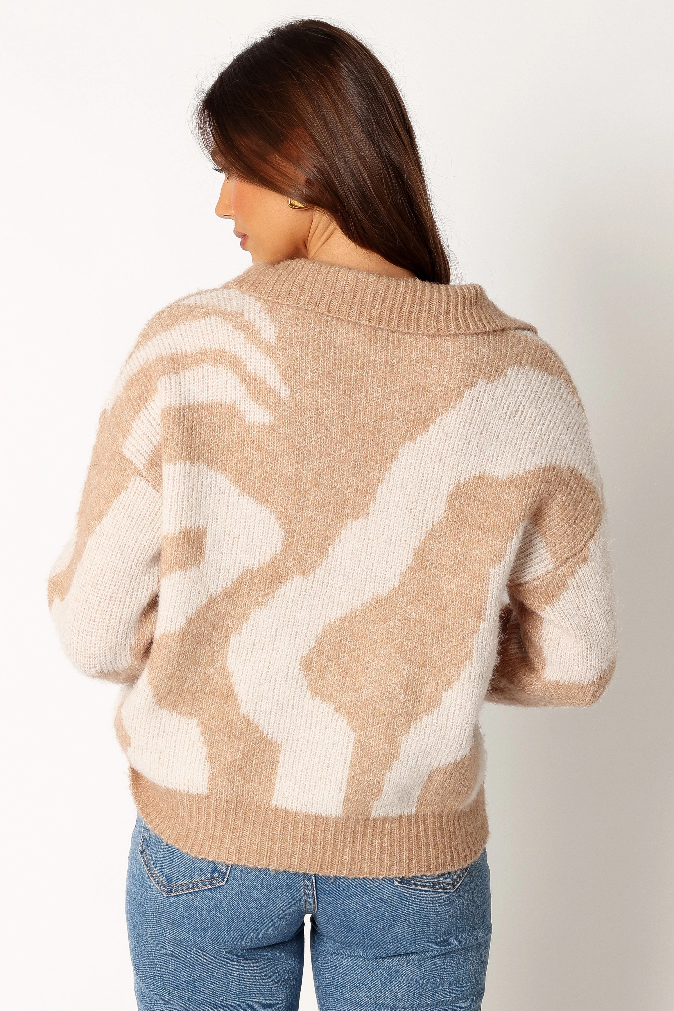 Elliana Collar Vneck Knit Sweater - Beige White