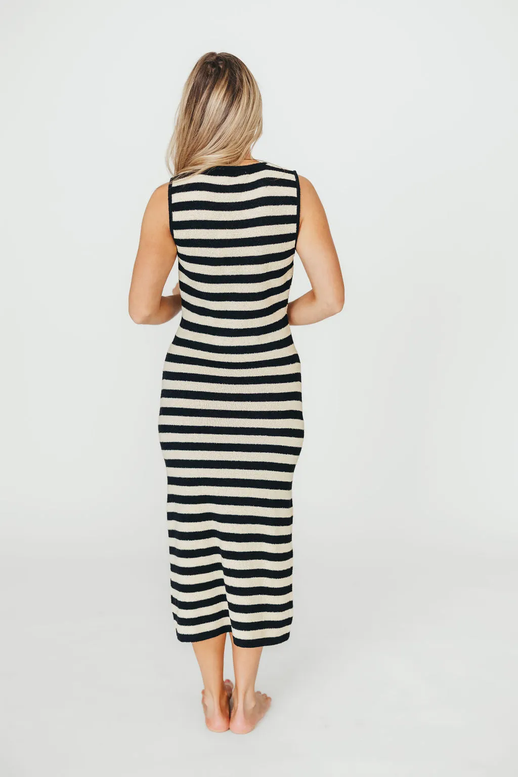 Elsie Knit Midi Dress in Black/Natural Stripe