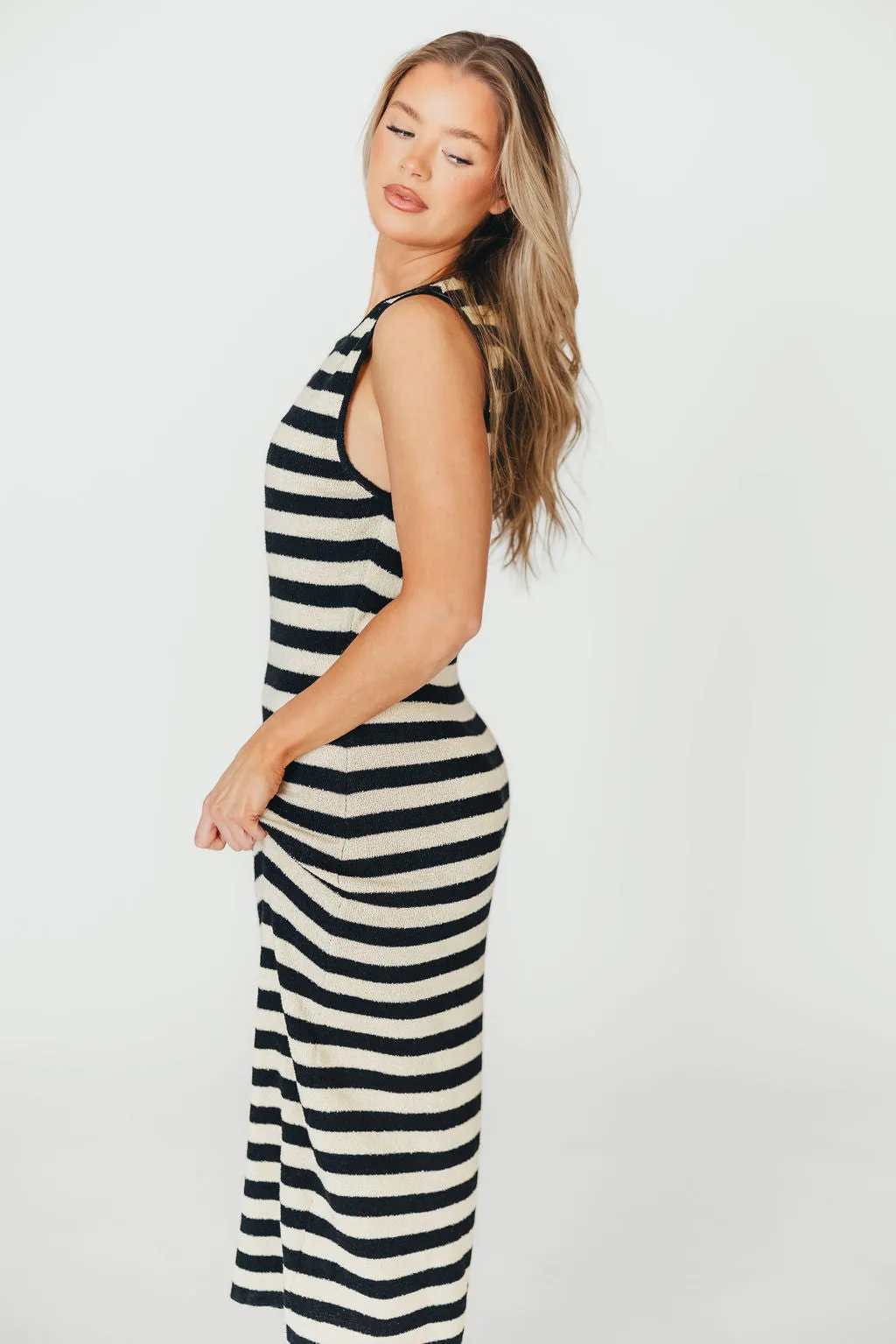 Elsie Knit Midi Dress in Black/Natural Stripe