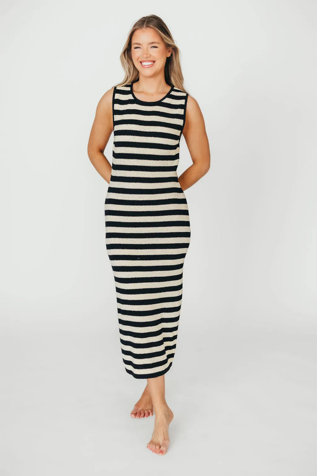 Elsie Knit Midi Dress in Black/Natural Stripe