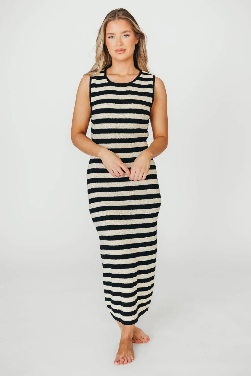 Elsie Knit Midi Dress in Black/Natural Stripe
