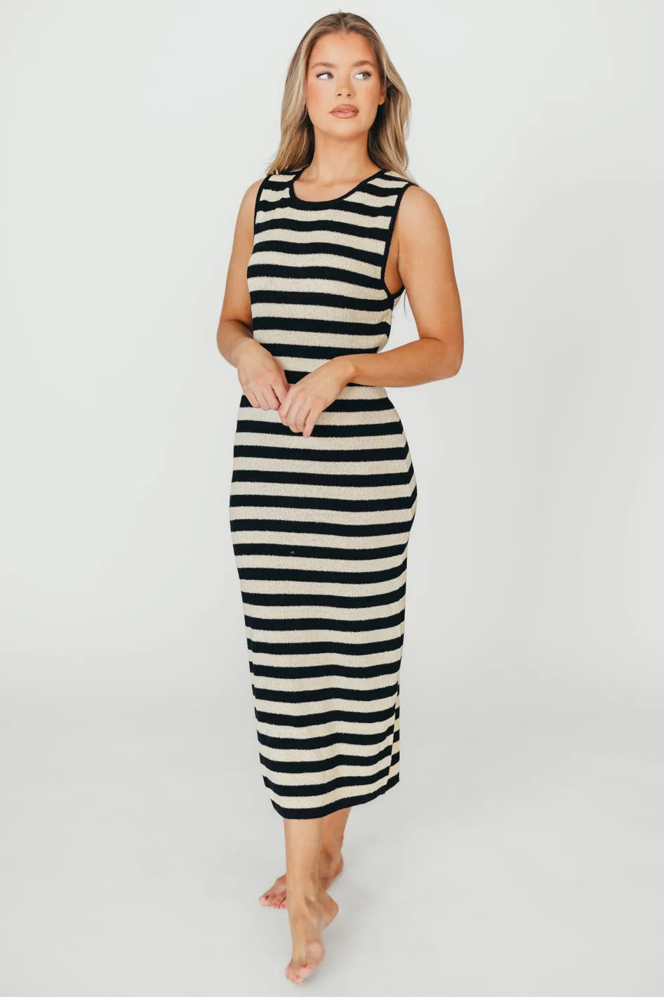Elsie Knit Midi Dress in Black/Natural Stripe