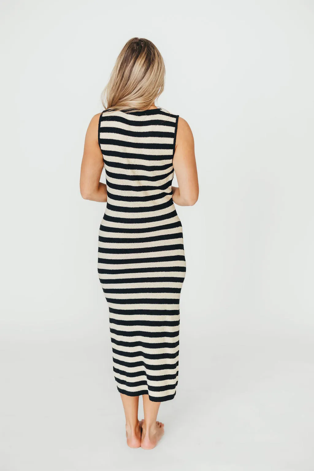 Elsie Knit Midi Dress in Black/Natural Stripe