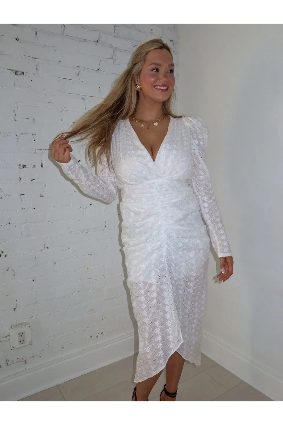 Evelyn Shirred V-Neck Dress