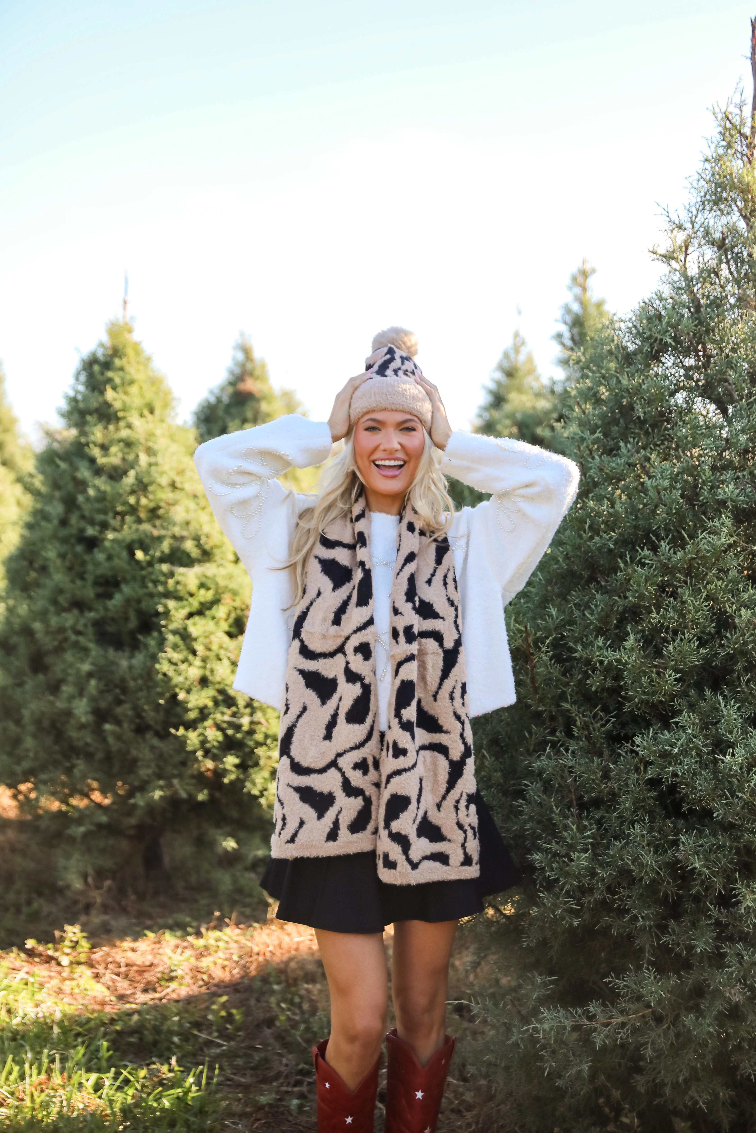 Fierce And Cozy Beige Leopard Pom Pom Beanie