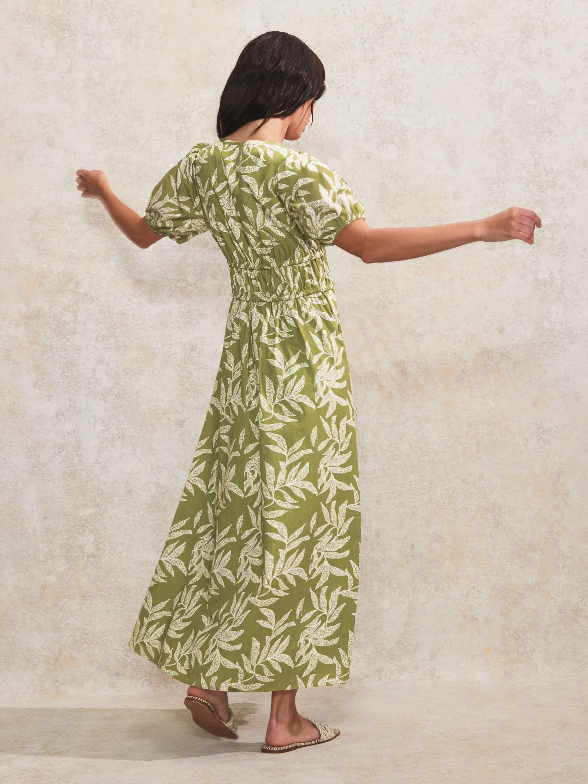 Green Leaf-Print Tie-Detail Cotton-Voile Dress