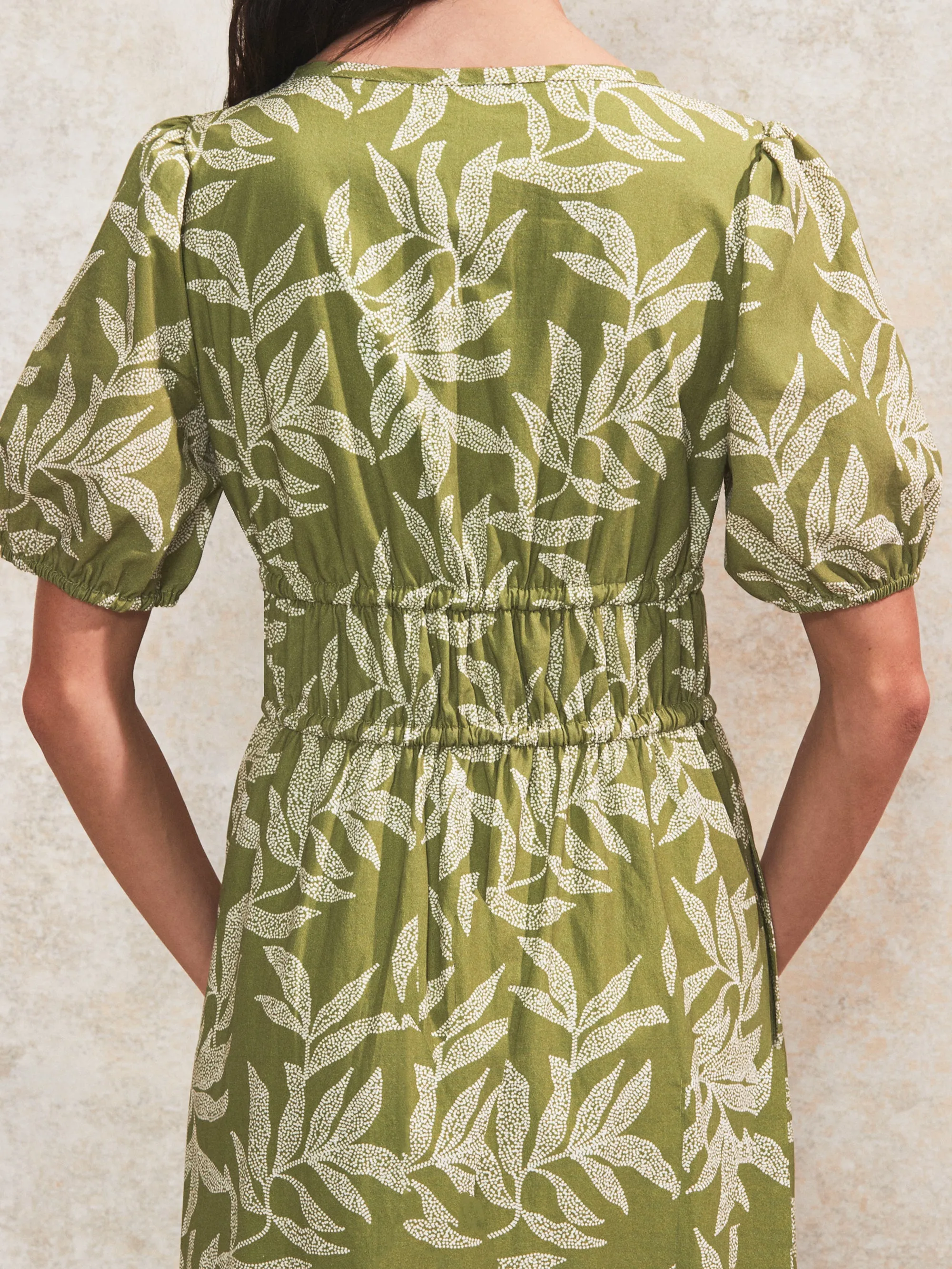 Green Leaf-Print Tie-Detail Cotton-Voile Dress