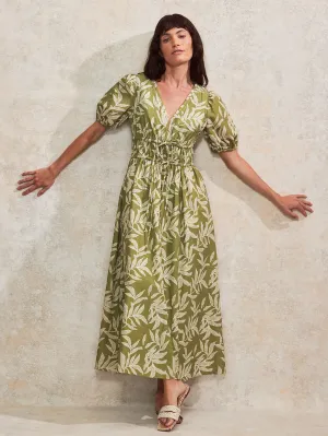 Green Leaf-Print Tie-Detail Cotton-Voile Dress