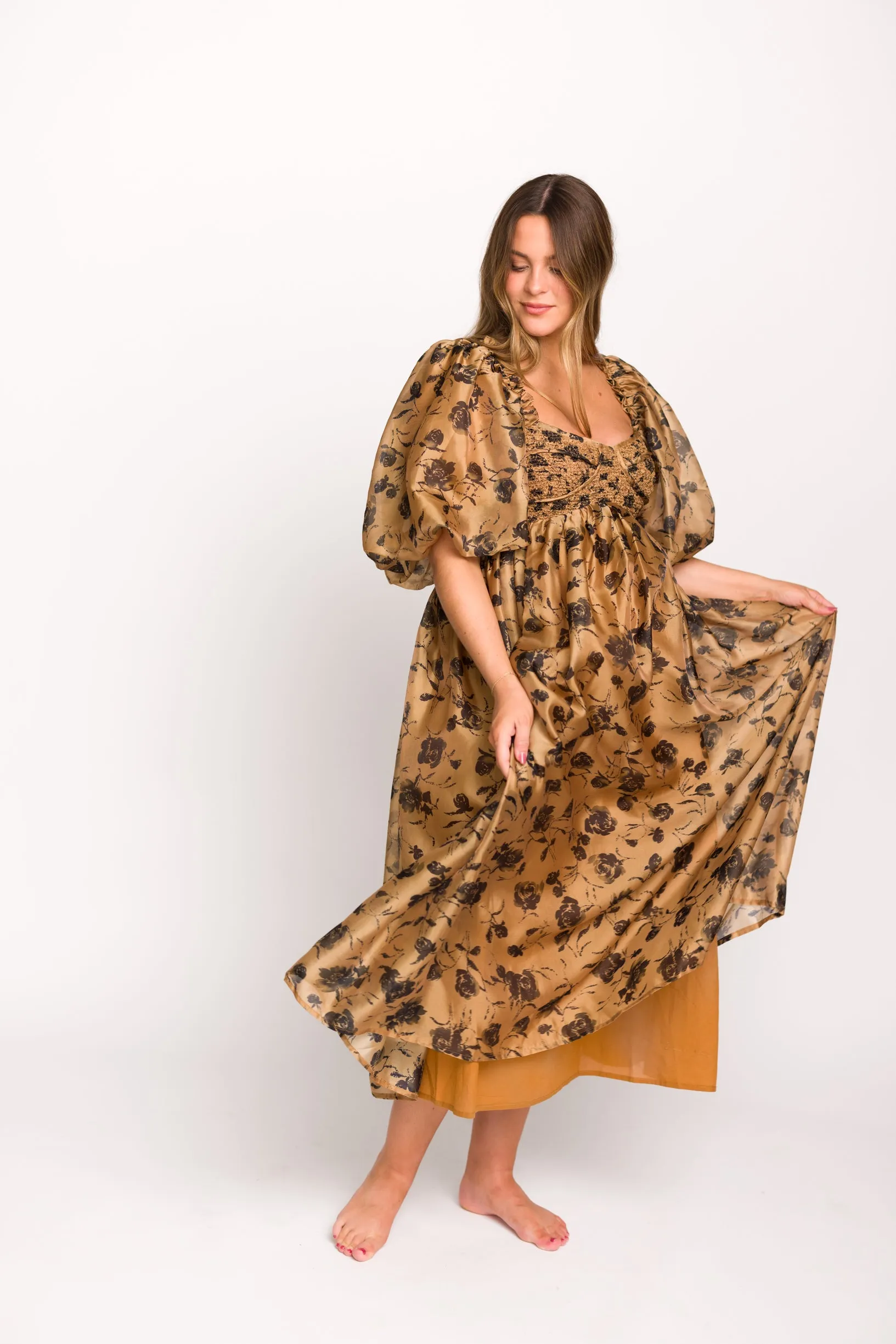 Harlow Camel & Black Floral Maxi Dress with Stretchy Neckline - Bump Friendly (Read Description)