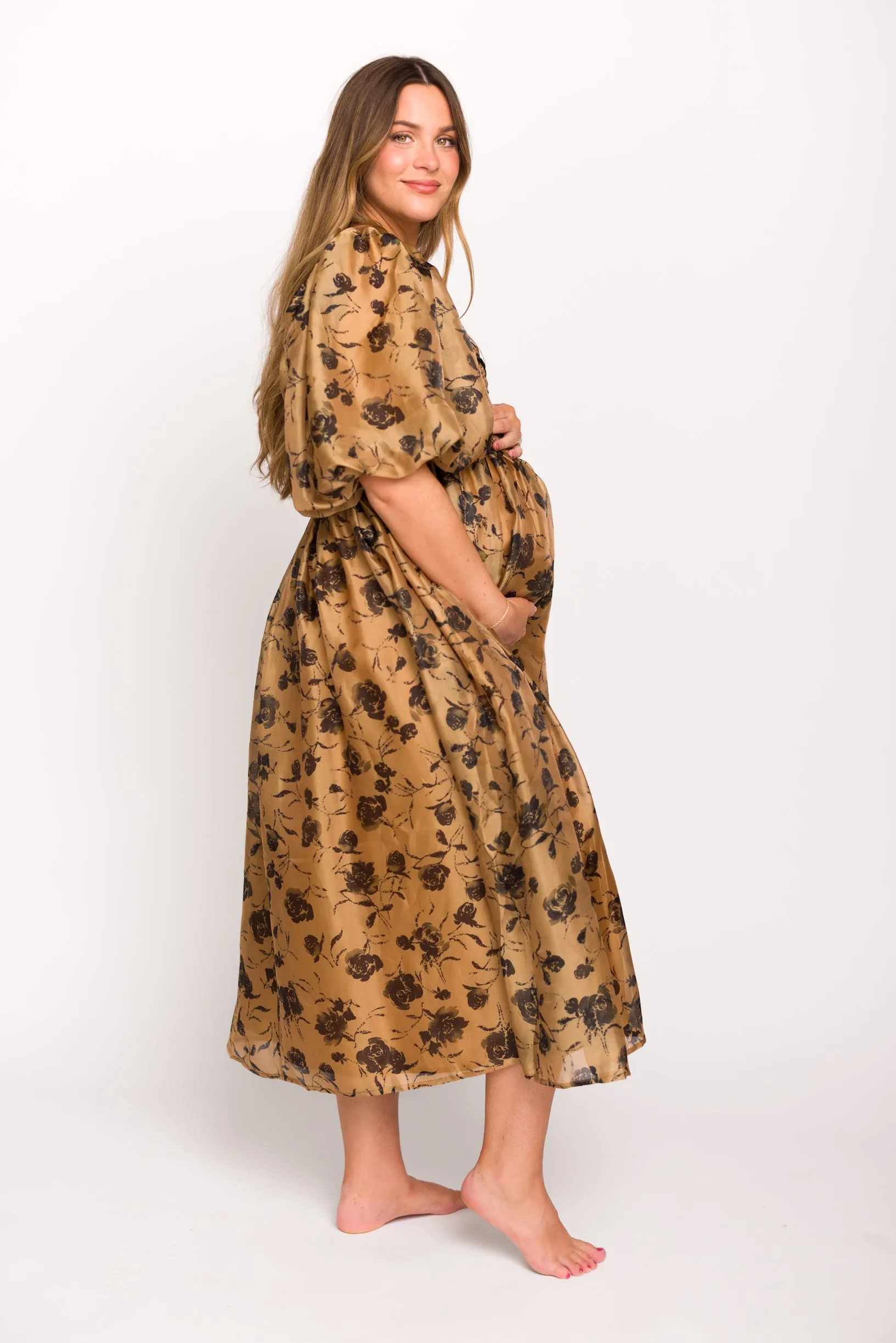 Harlow Camel & Black Floral Maxi Dress with Stretchy Neckline - Bump Friendly (Read Description)