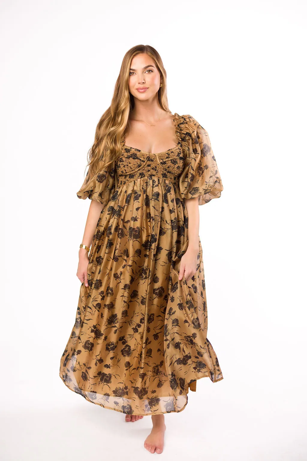 Harlow Camel & Black Floral Maxi Dress with Stretchy Neckline - Bump Friendly (Read Description)